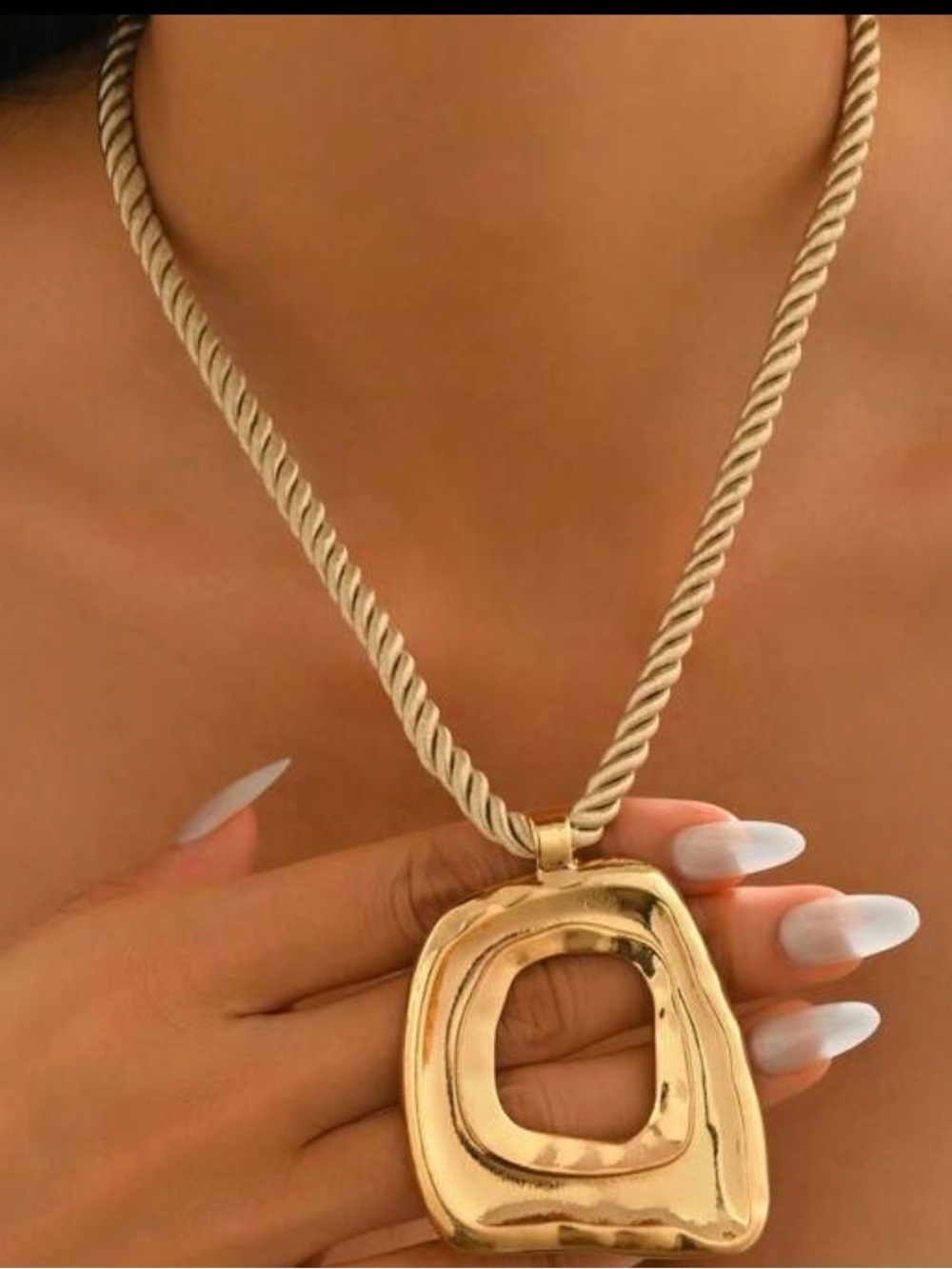 Gold Abstract Geometric Pendant Necklace – Twisted Rope Chain - Picture 5 of 5